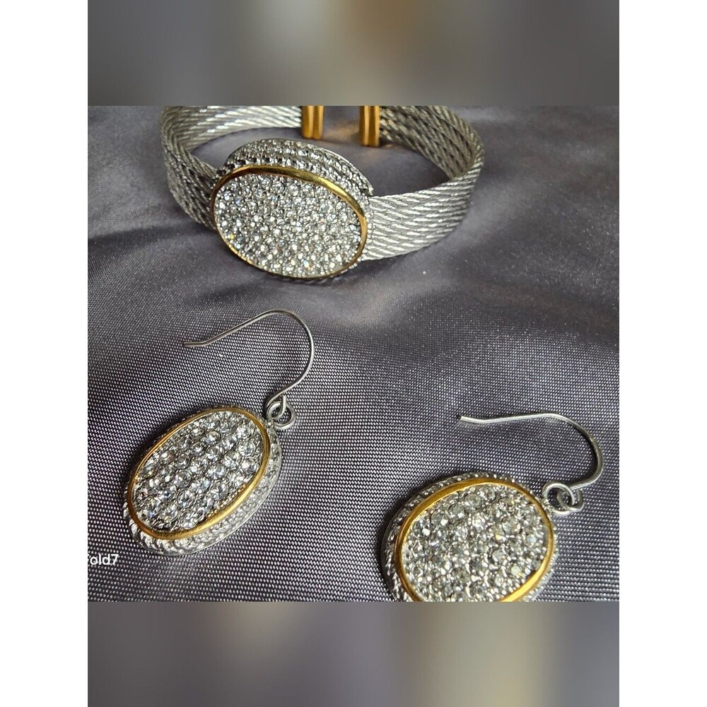 DSMK stainless steel cable Cuff Bracelet crystal Fold Silver Matching Earrings